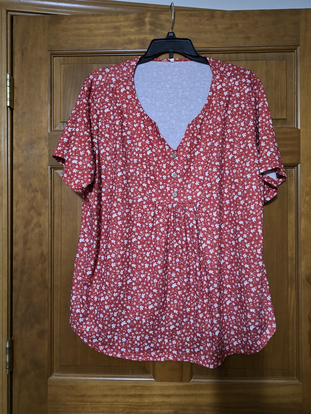 Red Floral Short Sleeve V-Neck Button Front Women's Top